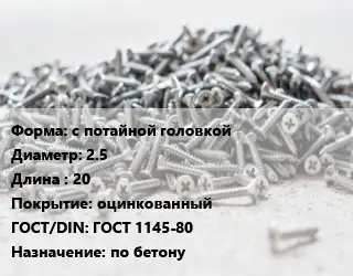 Шуруп с потайной головкой 2.5х20 оцинкованный ГОСТ: ГОСТ 1145-80 по бетону